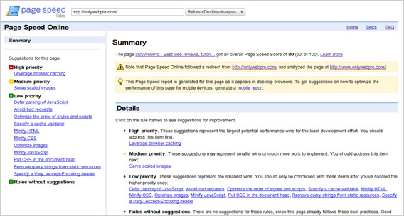 Page Speed Online Analysis